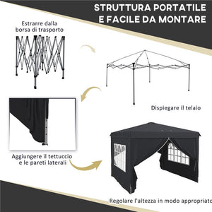 GAZEBO 3X3 AD ALTEZZA REGOLABILE CON FORI DI DRENAGGIO E BORSA DA TRASPORTO, IN METALLO, GRIGIO