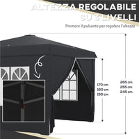 GAZEBO 3X3 AD ALTEZZA REGOLABILE CON FORI DI DRENAGGIO E BORSA DA TRASPORTO, IN METALLO, GRIGIO