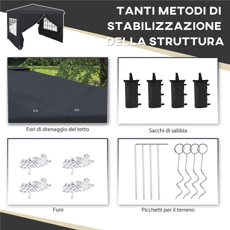 GAZEBO 3X3 AD ALTEZZA REGOLABILE CON FORI DI DRENAGGIO E BORSA DA TRASPORTO, IN METALLO, GRIGIO