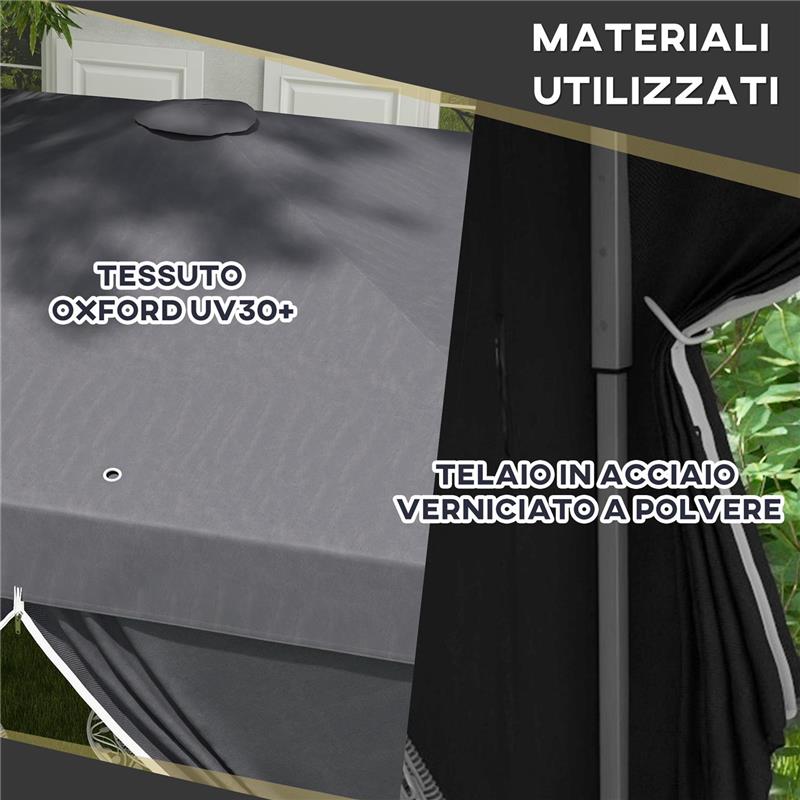 GAZEBO 3X3 AD ALTEZZA REGOLABILE CON FORI DI DRENAGGIO E BORSA DA TRASPORTO, IN METALLO, GRIGIO