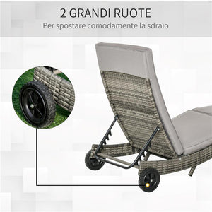 SDRAIO DA GIARDINO IN RATTAN PE CON SCHIENALE REGOLABILE E CUSCINO, 207X70X70CM, GRIGIO