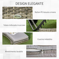SDRAIO DA GIARDINO IN RATTAN PE CON SCHIENALE REGOLABILE E CUSCINO, 207X70X70CM, GRIGIO