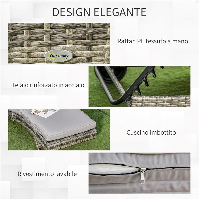 SDRAIO DA GIARDINO IN RATTAN PE CON SCHIENALE REGOLABILE E CUSCINO, 207X70X70CM, GRIGIO
