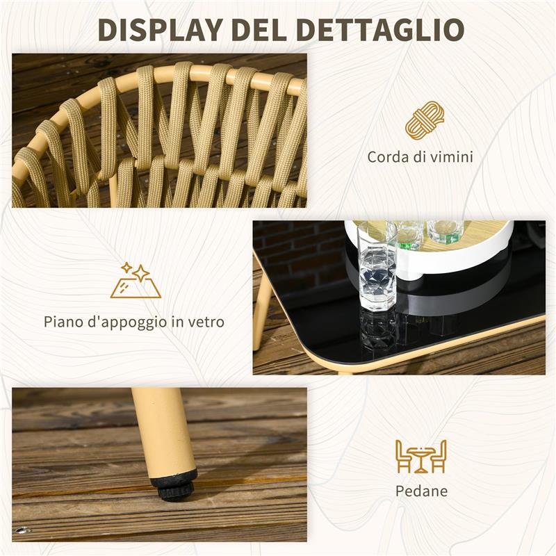 SALOTTO DA ESTERNO CON DIVANO 2 POSTI, 2 POLTRONE CON CUSCINI E TAVOLINO IN VETRO