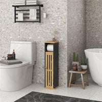 MOBILETTO BAGNO CON RIPIANO APERTO E ARMADIETTO, IN BAMBÙ E MDF, 18X18X75 CM, NERO E COLOR LEGNO