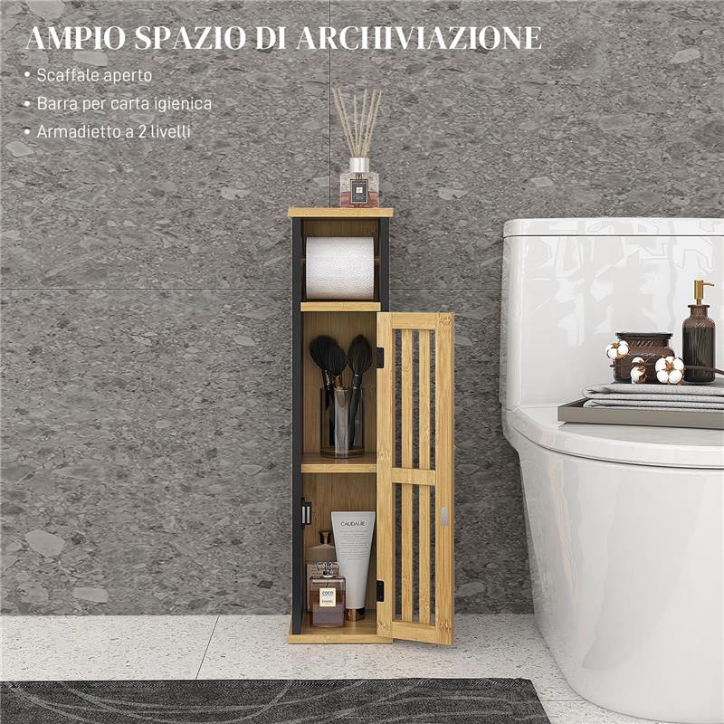 MOBILETTO BAGNO CON RIPIANO APERTO E ARMADIETTO, IN BAMBÙ E MDF, 18X18X75 CM, NERO E COLOR LEGNO