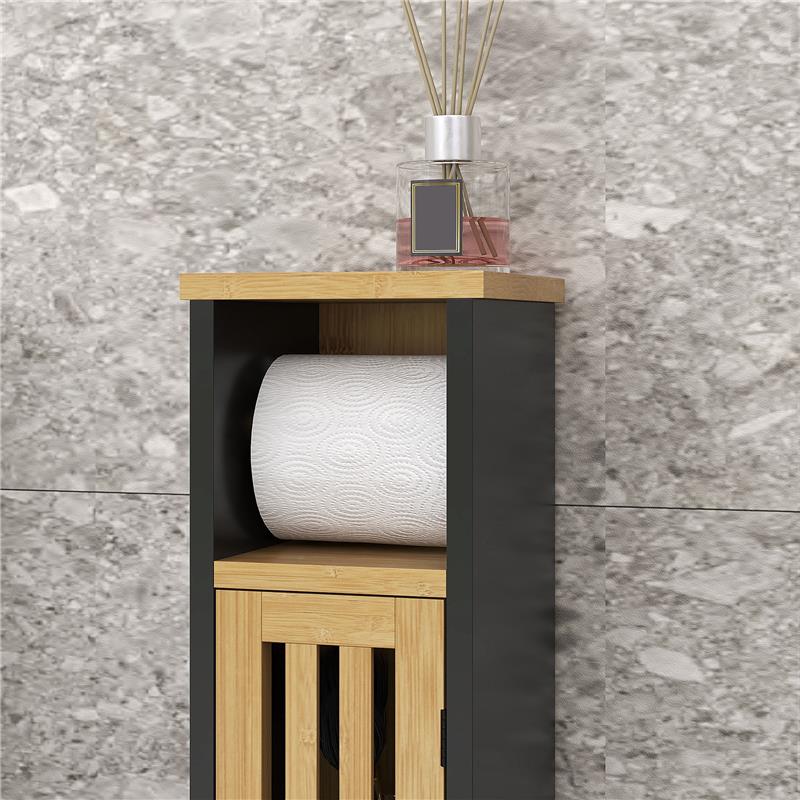 MOBILETTO BAGNO CON RIPIANO APERTO E ARMADIETTO, IN BAMBÙ E MDF, 18X18X75 CM, NERO E COLOR LEGNO