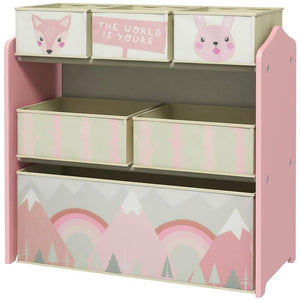 SCAFFALE PORTAGIOCHI PER BAMBINI CON 6 CONTENITORI RIMOVIBILI IN TESSUTO, 63X30X66CM, ROSA