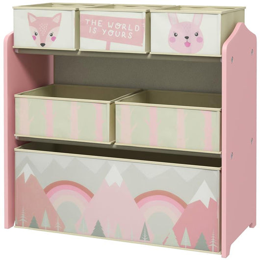 SCAFFALE PORTAGIOCHI PER BAMBINI CON 6 CONTENITORI RIMOVIBILI IN TESSUTO, 63X30X66CM, ROSA