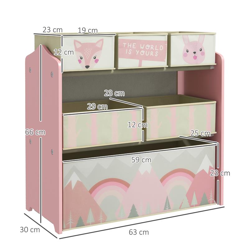 SCAFFALE PORTAGIOCHI PER BAMBINI CON 6 CONTENITORI RIMOVIBILI IN TESSUTO, 63X30X66CM, ROSA