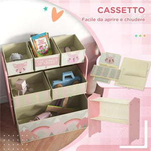 SCAFFALE PORTAGIOCHI PER BAMBINI CON 6 CONTENITORI RIMOVIBILI IN TESSUTO, 63X30X66CM, ROSA