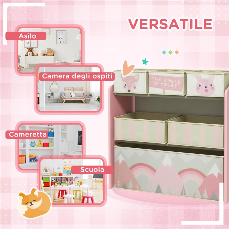 SCAFFALE PORTAGIOCHI PER BAMBINI CON 6 CONTENITORI RIMOVIBILI IN TESSUTO, 63X30X66CM, ROSA