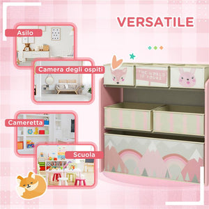 SCAFFALE PORTAGIOCHI PER BAMBINI CON 6 CONTENITORI RIMOVIBILI IN TESSUTO, 63X30X66CM, ROSA