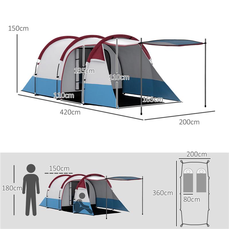 TENDA DA CAMPEGGIO IMPERMEABILE CON 2 AREE E 3 INGRESSI, IN POLIESTERE E FIBRA DI VETRO, 420X200X150 CM, ROSSO