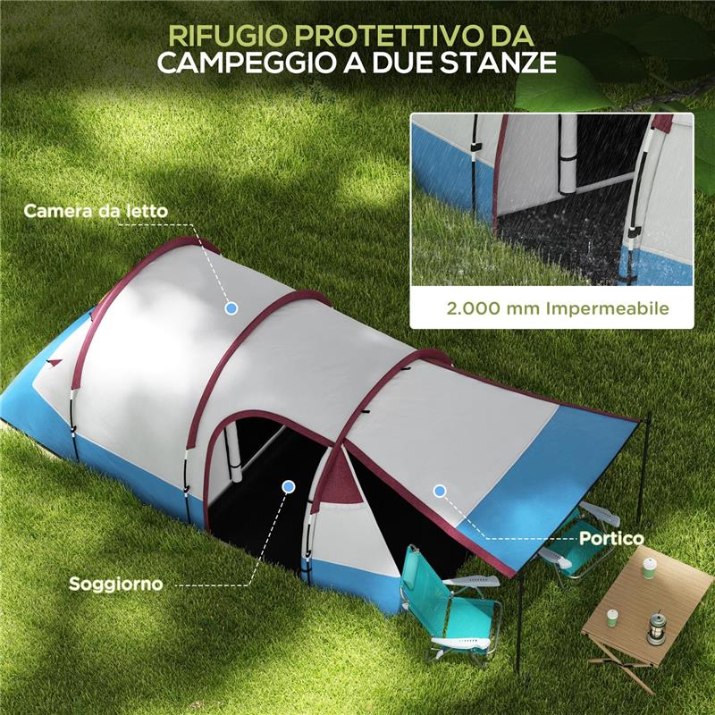 TENDA DA CAMPEGGIO IMPERMEABILE CON 2 AREE E 3 INGRESSI, IN POLIESTERE E FIBRA DI VETRO, 420X200X150 CM, ROSSO