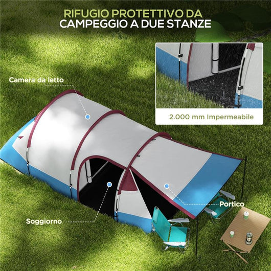 TENDA DA CAMPEGGIO IMPERMEABILE CON 2 AREE E 3 INGRESSI, IN POLIESTERE E FIBRA DI VETRO, 420X200X150 CM, ROSSO