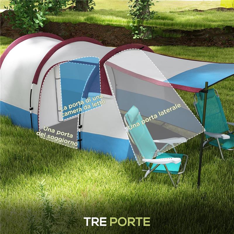 TENDA DA CAMPEGGIO IMPERMEABILE CON 2 AREE E 3 INGRESSI, IN POLIESTERE E FIBRA DI VETRO, 420X200X150 CM, ROSSO