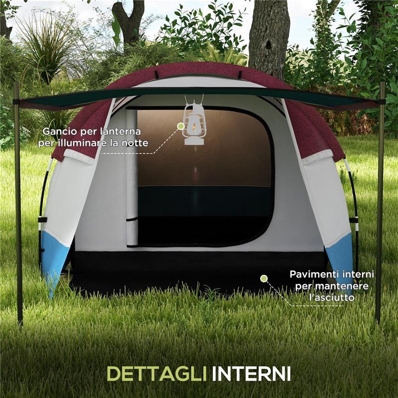 TENDA DA CAMPEGGIO IMPERMEABILE CON 2 AREE E 3 INGRESSI, IN POLIESTERE E FIBRA DI VETRO, 420X200X150 CM, ROSSO