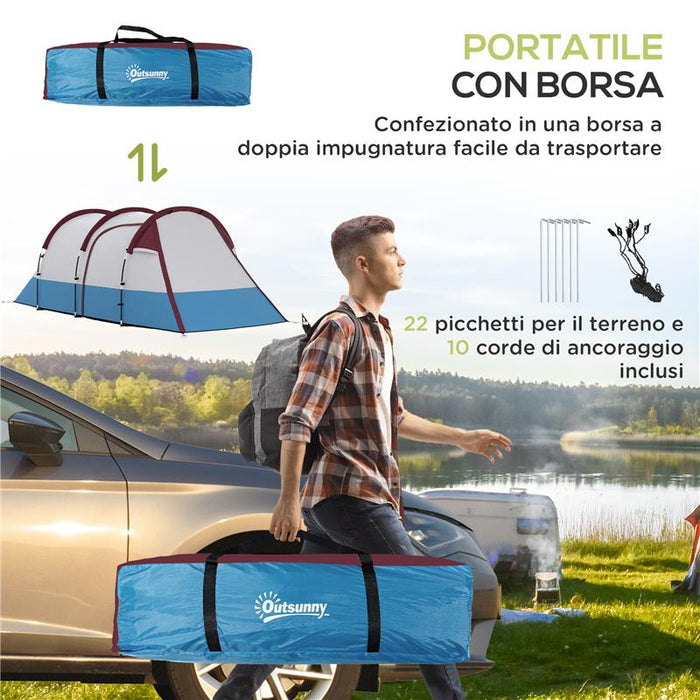 TENDA DA CAMPEGGIO IMPERMEABILE CON 2 AREE E 3 INGRESSI, IN POLIESTERE E FIBRA DI VETRO, 420X200X150 CM, ROSSO