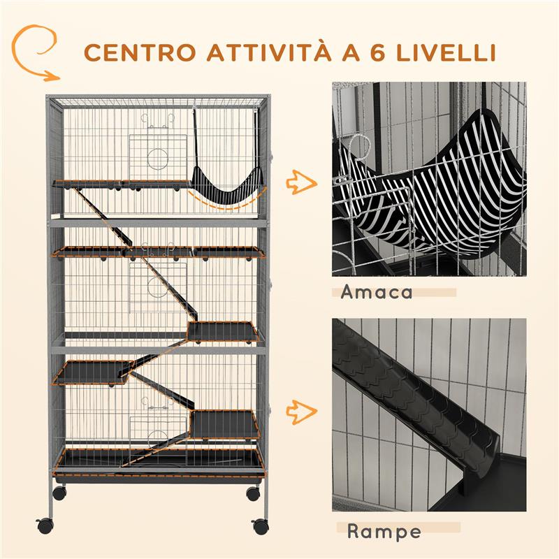 GABBIA PER CONIGLI CON 4 INGRESSI A LIVELLI MULTIPLI CON AMACA, IN ACCIAIO E PP, 80X52X159 CM