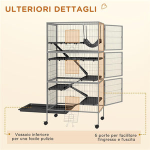 GABBIA PER CONIGLI CON 4 INGRESSI A LIVELLI MULTIPLI CON AMACA, IN ACCIAIO E PP, 80X52X159 CM