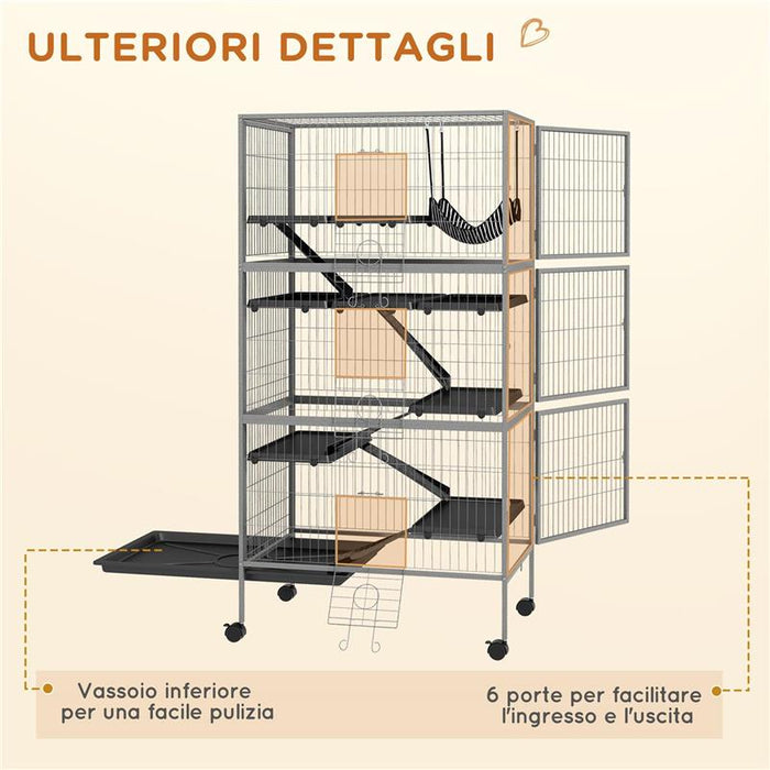 GABBIA PER CONIGLI CON 4 INGRESSI A LIVELLI MULTIPLI CON AMACA, IN ACCIAIO E PP, 80X52X159 CM