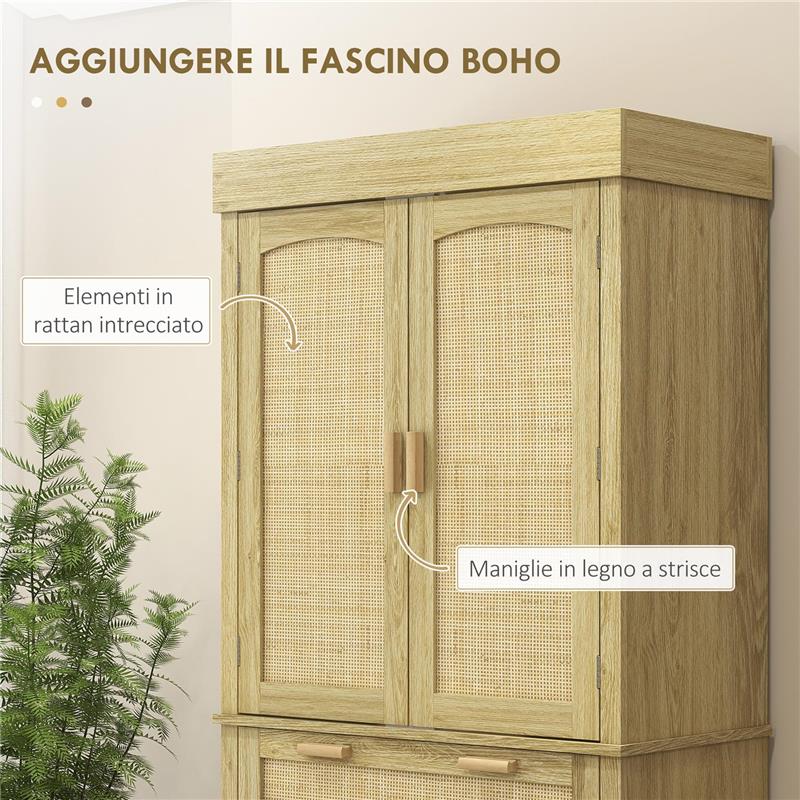 CREDENZA CUCINA STILE BOHO CON 2 ARMADIETTI, CASSETTO E PORTASPEZIE IN LEGNO E RATTAN, 76X40X183CM, ROVERE