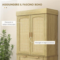 CREDENZA CUCINA STILE BOHO CON 2 ARMADIETTI, CASSETTO E PORTASPEZIE IN LEGNO E RATTAN, 76X40X183CM, ROVERE