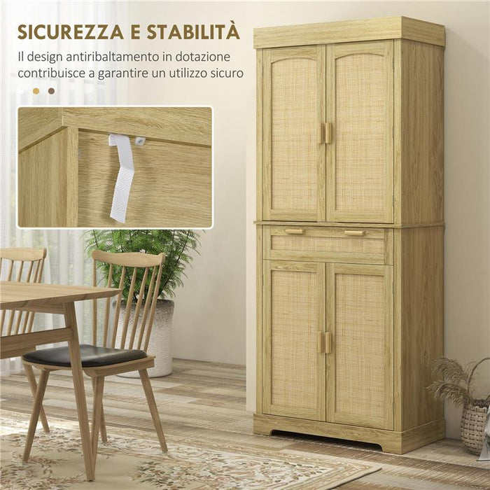 CREDENZA CUCINA STILE BOHO CON 2 ARMADIETTI, CASSETTO E PORTASPEZIE IN LEGNO E RATTAN, 76X40X183CM, ROVERE