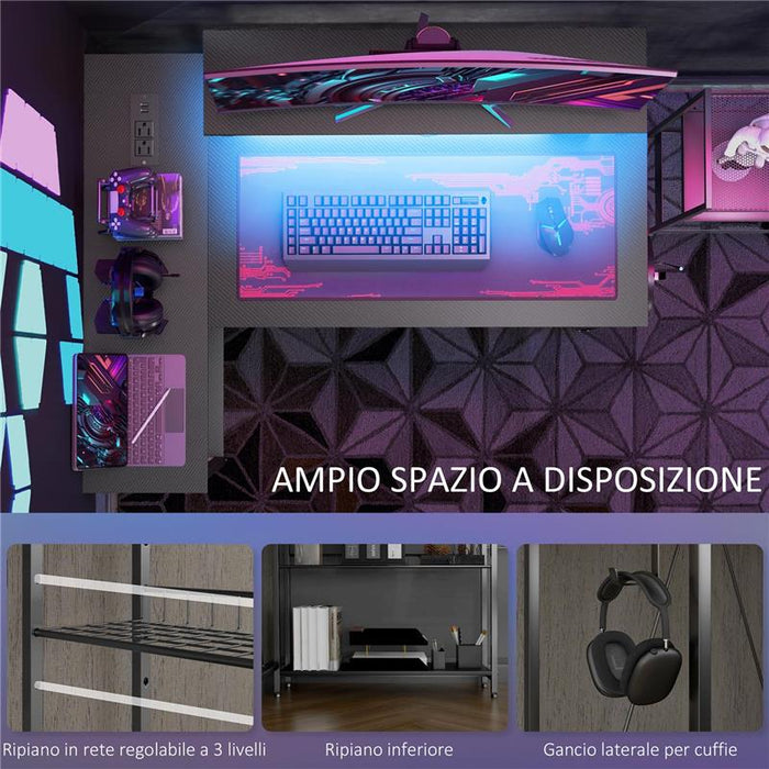 SCRIVANIA ANGOLARE REVERSIBILE CON LED, PRESE DI CORRENTE E PRESE USB, RIPIANI E SUPPORTO MONITOR, NERO