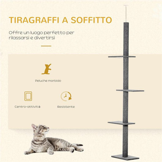 ALBERO TIRAGRAFFI PER GATTI A 4 LIVELLI CON ALTEZZA REGOLABILE GRIGIO 43X27X228-260 CM
