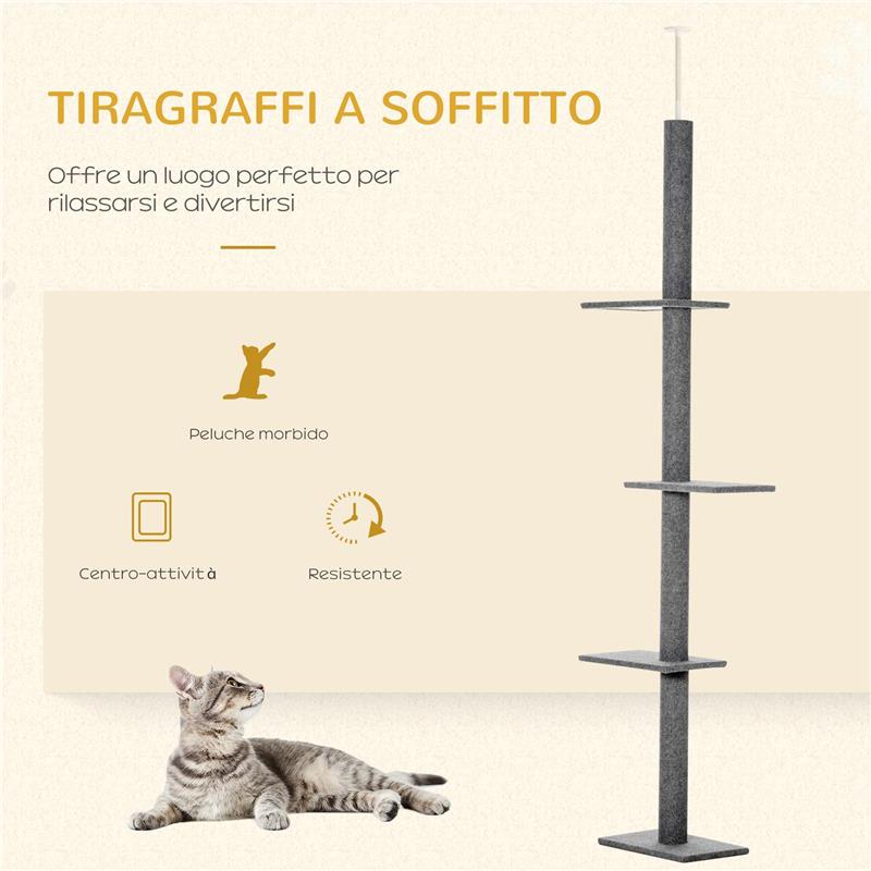 ALBERO TIRAGRAFFI PER GATTI A 4 LIVELLI CON ALTEZZA REGOLABILE GRIGIO 43X27X228-260 CM