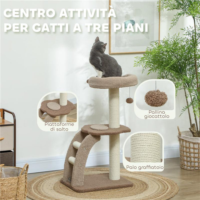 ALBERO TIRAGRAFFI A 3 LIVELLI CON TRESPOLO SUPERIORE E PALLINA GIOCATTOLO BIANCO E MARRONE 48X40X88 CM