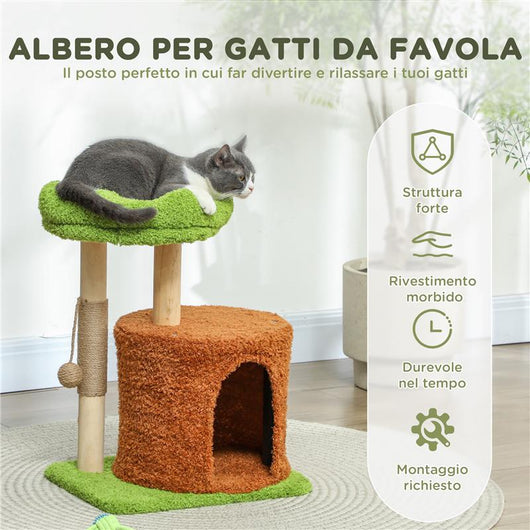 ALBERO TIRAGRAFFI PER GATTI CON CASETTA LETTINO E PALLINA GIOCATTOLO IN LEGNO E PELUCHE VERDE 44X33X61 CM