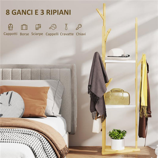 ALBERO APPENDIABITI DA TERRA IN BAMB¨ CON 8 GANCI E 3 RIPIANI LEGNO NATURALE E BIANCO 45X45X170H CM