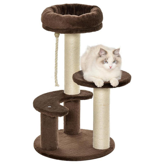ALBERO TIRAGRAFFI PER GATTI A 3 LIVELLI CON LETTINO IN PELUCHE E PALI IN SISAL Ï40X65 CM MARRONE
