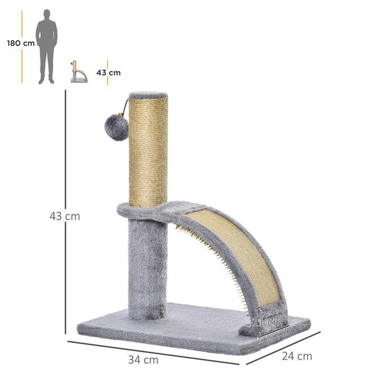 ALBERO TIRAGRAFFI PER GATTI CON ARCO MASSAGGIATORE PALO IN IUTA E PALLINA IN PELUCHE 34X24X43 CM GRIGIO