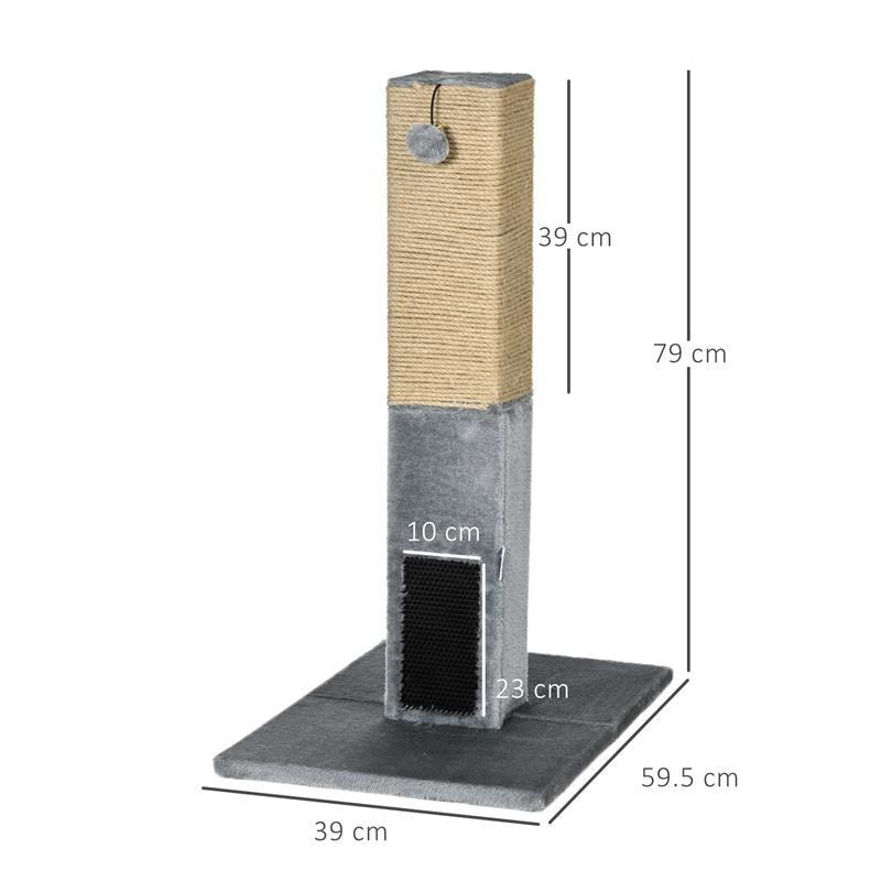 ALBERO TIRAGRAFFI PER GATTI CON 2 PALLINE GIOCATTOLO E SPAZZOLA IN LEGNO IUTA E PELUCHE 59.5X39X79 CM GRIGIO