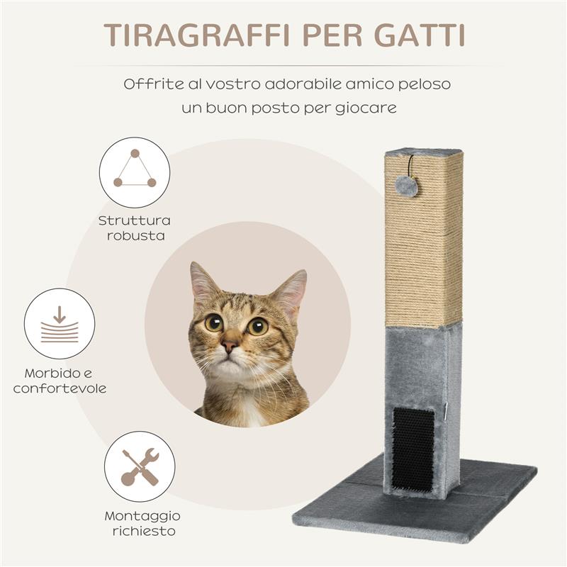 ALBERO TIRAGRAFFI PER GATTI CON 2 PALLINE GIOCATTOLO E SPAZZOLA IN LEGNO IUTA E PELUCHE 59.5X39X79 CM GRIGIO