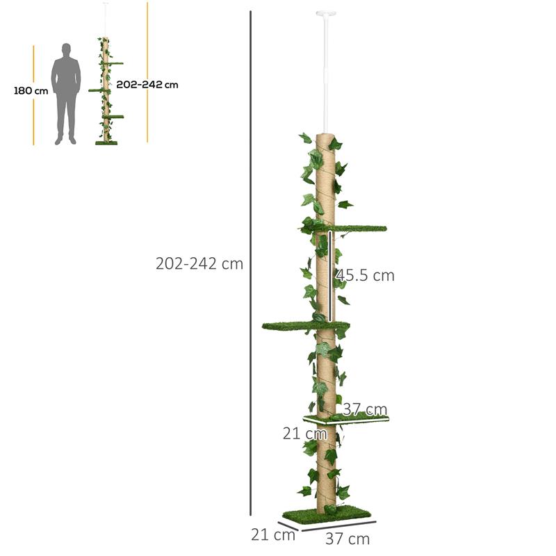 ALBERO TIRAGRAFFI PER GATTI A SOFFITTO ALTO 202-242 CM REGOLABILE CON ASTA DI TENSIONE VERDE