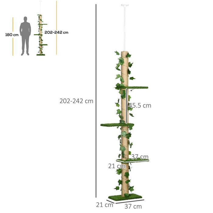 ALBERO TIRAGRAFFI PER GATTI A SOFFITTO ALTO 202-242 CM REGOLABILE CON ASTA DI TENSIONE VERDE