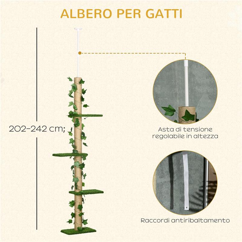 ALBERO TIRAGRAFFI PER GATTI A SOFFITTO ALTO 202-242 CM REGOLABILE CON ASTA DI TENSIONE VERDE