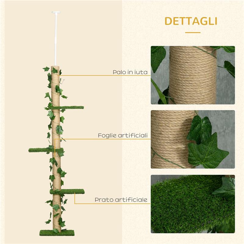 ALBERO TIRAGRAFFI PER GATTI A SOFFITTO ALTO 202-242 CM REGOLABILE CON ASTA DI TENSIONE VERDE