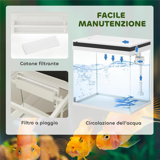 ACQUARIO PER PESCI ROSSI 26L CON LUCI LED SISTEMA DI FILTRAGGIO E POMPA D'ACQUA 38X26X38 CM BIANCO