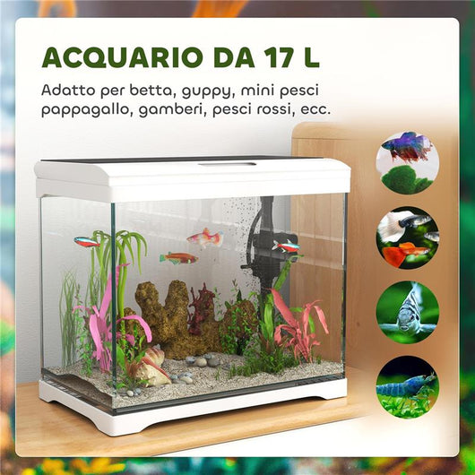 ACQUARIO PER PESCI ROSSI 17L CON LUCI LED POMPA D'ACQUA E SISTEMA DI FILTRAGGIO 35X21X31 CM BIANCO