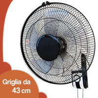Ventilatore da Muro Parete 43 cm con 3 Livelli di Velocità Pale in Polipropilene