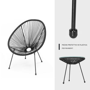 Set Patio in Polyrattan con 2 Sedie e 1 Tavolo per Giardino Esterno Nero