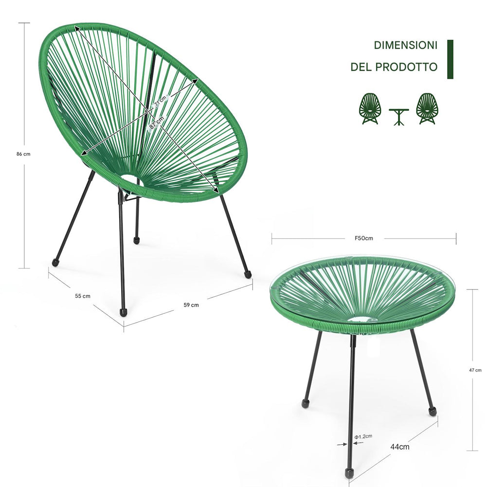 Set Patio in Polyrattan con 2 Sedie e 1 Tavolo per Giardino Esterno Verde Menta