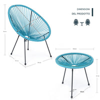 Set Patio in Polyrattan con 2 Sedie e 1 Tavolo per Giardino Esterno Azzurro