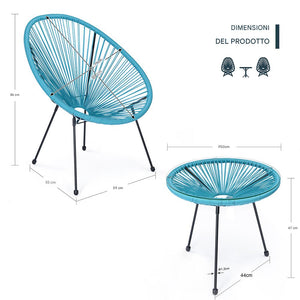 Set Patio in Polyrattan con 2 Sedie e 1 Tavolo per Giardino Esterno Azzurro